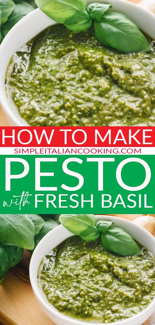 pesto with fresh basil in a white bowl on a wooden cutting board and text overlay how to make pesto with fresh basil