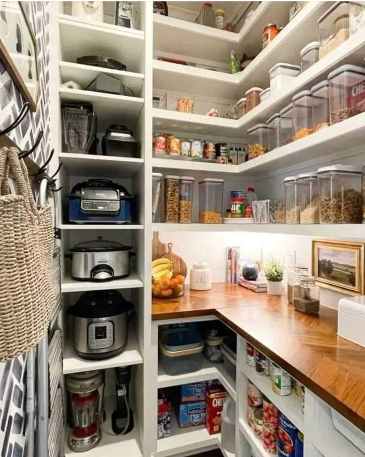 an organized pantry with lots of food and containers on the shelves, along with other items