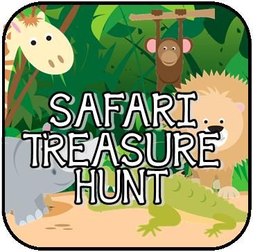 the words safari treasure hunt are in front of an image of animals