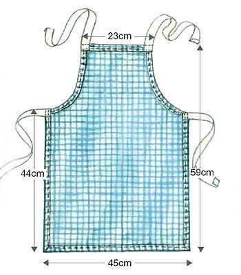 an apron with measurements for the front and back