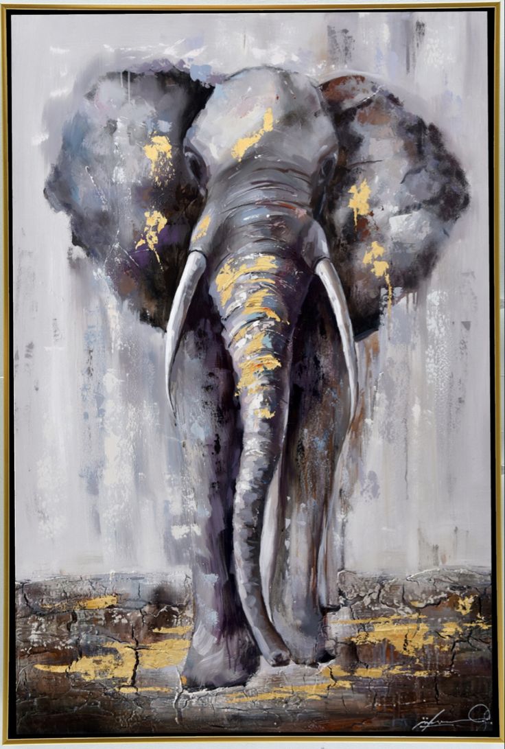 an oil painting of an elephant with yellow paint on it's trunk and tusks