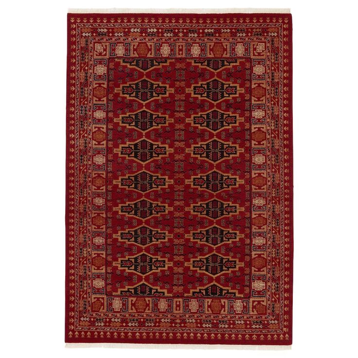 a red and black rug with an intricate design on the bottom, in front of a white background