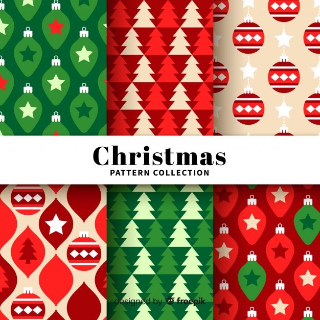 christmas patterns with ornaments and stars on them in red, green, white and beige colors