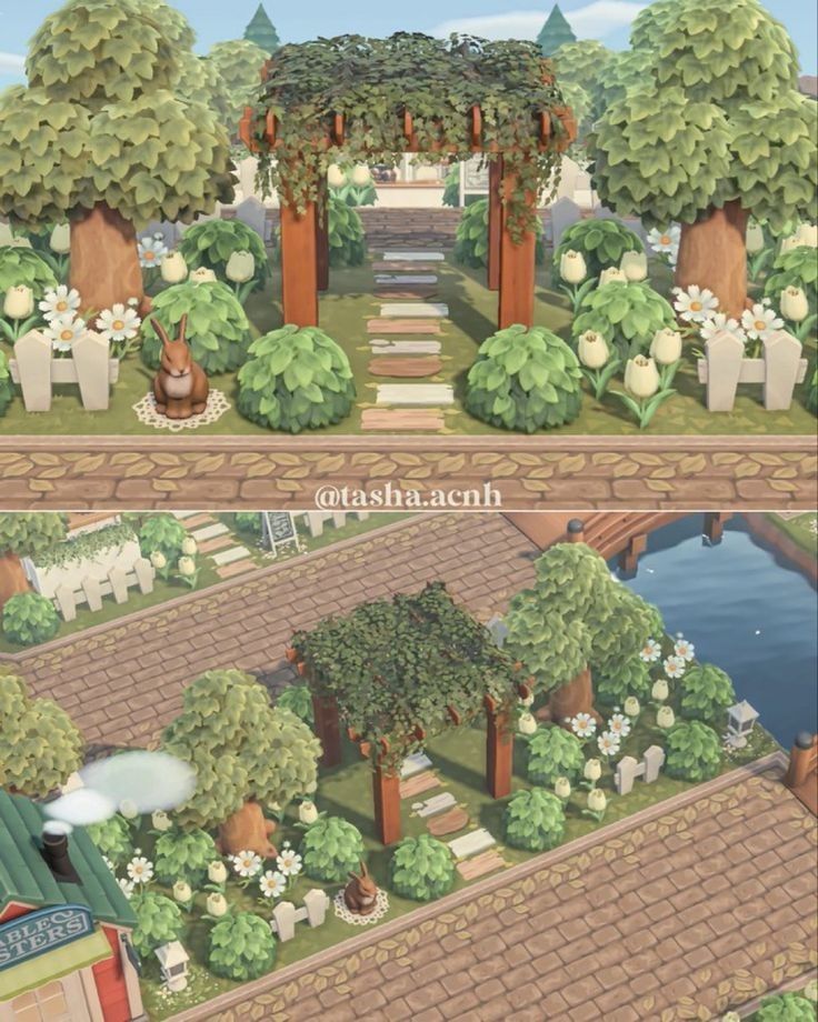 two different views of the same area with trees and bushes on each side, one is in