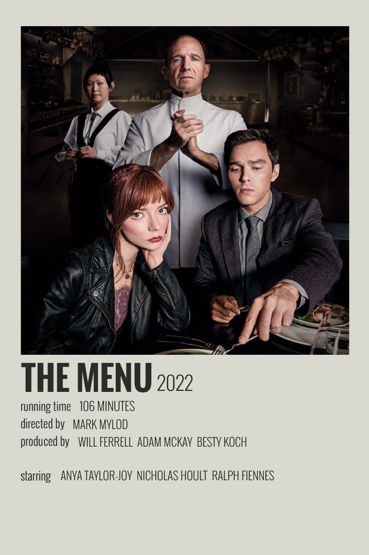 a movie poster for the menu with two men and a woman at a dinner table