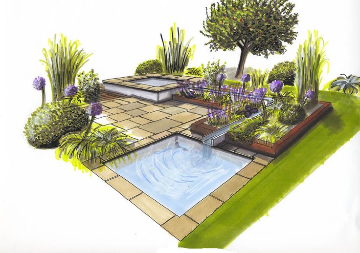 a drawing of a garden with water and plants