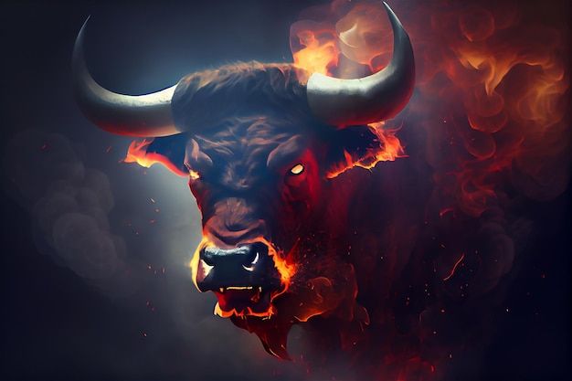 a bull with large horns standing in front of a fire filled sky and dark background