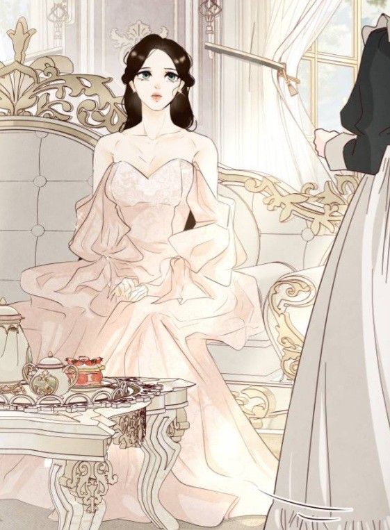 a drawing of a woman in a white dress sitting on a couch next to a table