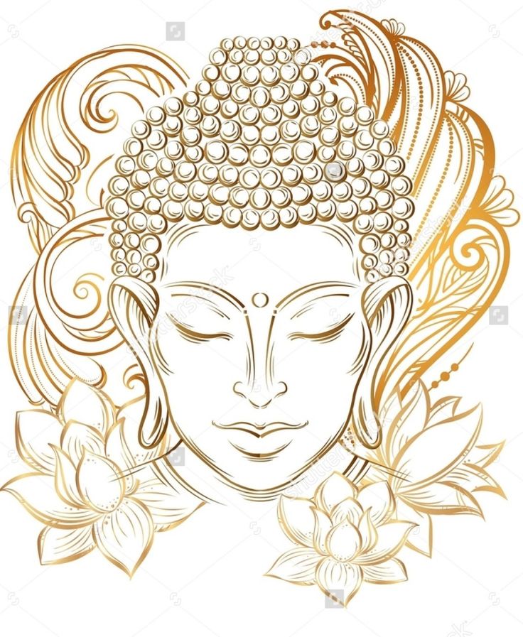 the head of buddha with flowers and leaves in gold color on white background stock photo