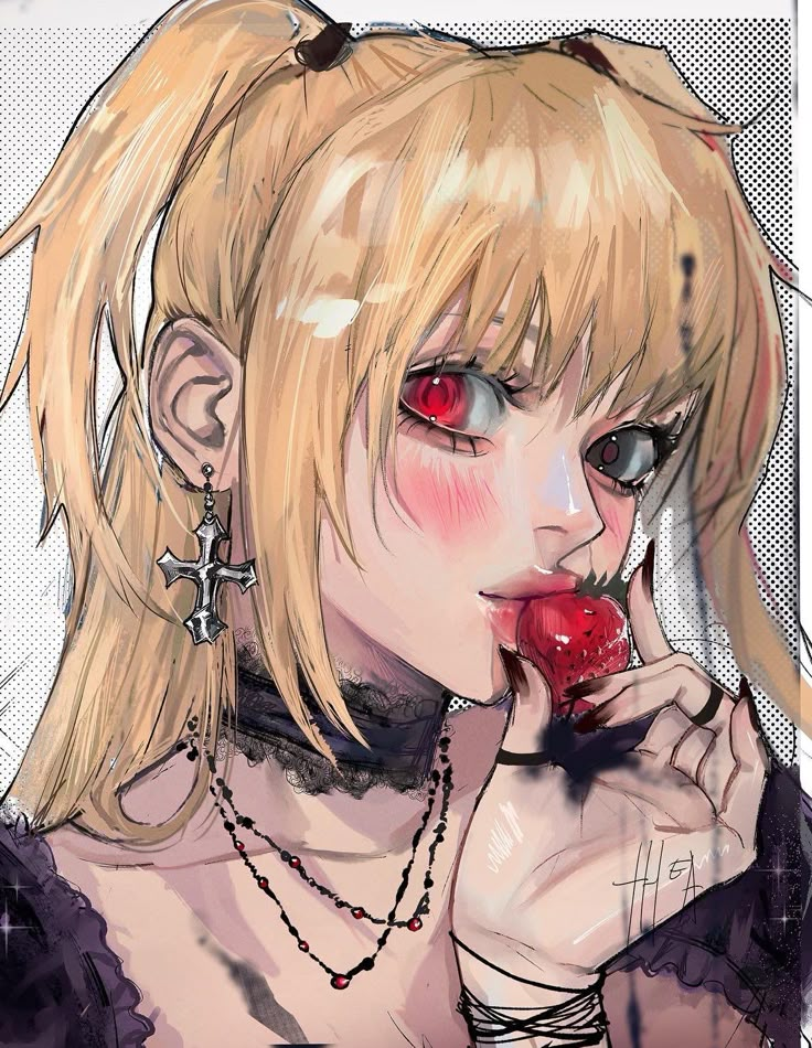 a drawing of a woman with red eyes and blonde hair holding an apple in her hand