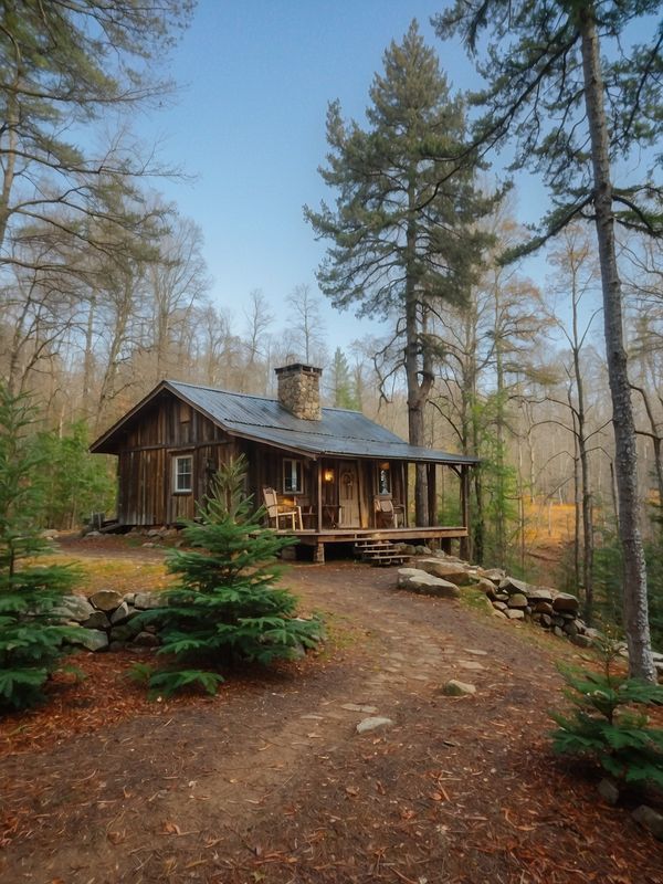 a cabin in the woods with trees and rocks on the path leading up to it