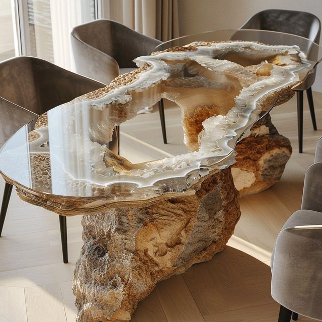 a glass table that has some kind of rock on it in the middle of a room