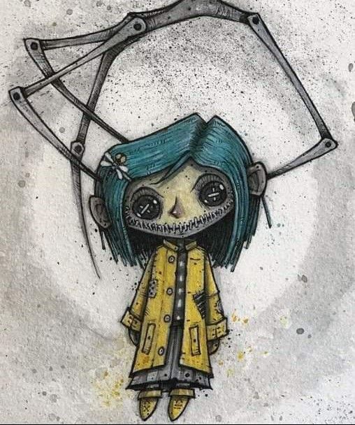 a drawing of a girl with scissors on her head