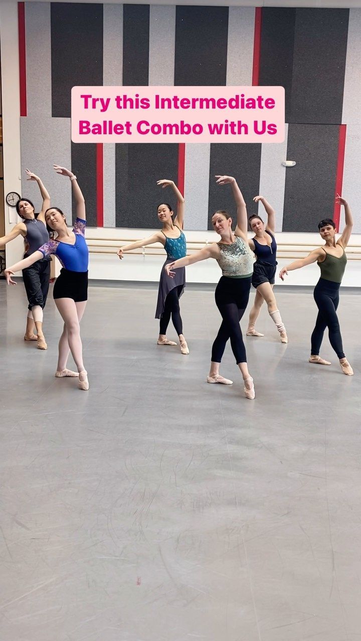 a group of ballerinas standing in a dance studio holding their arms up with the words try this immediate ballet combo with us