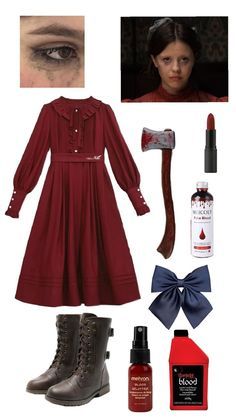 a woman's red dress and accessories including boots, lipstick, hairbrush, eyeliners, nail polish