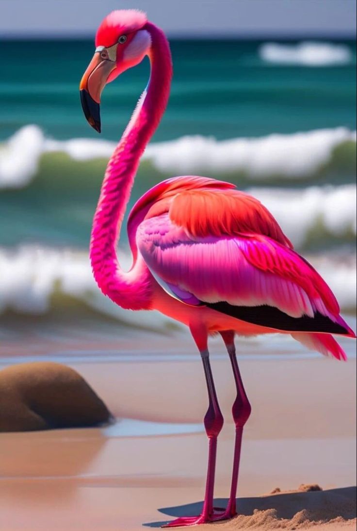 a pink flamingo standing on top of a sandy beach next to the ocean and waves