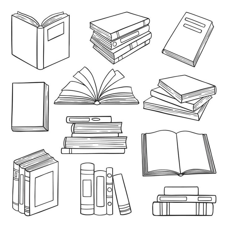 various books are shown in this black and white drawing style, including one book with an open