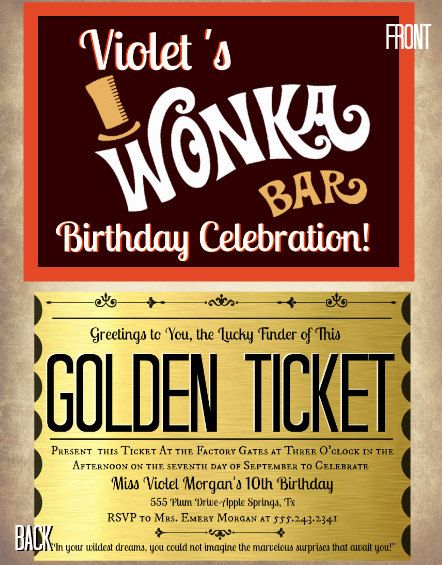 an advertisement for a birthday party with gold ticket and the words violet's wonka bar