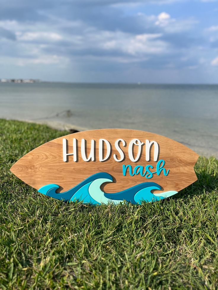 a wooden sign sitting on top of a lush green field next to the ocean in front of a body of water