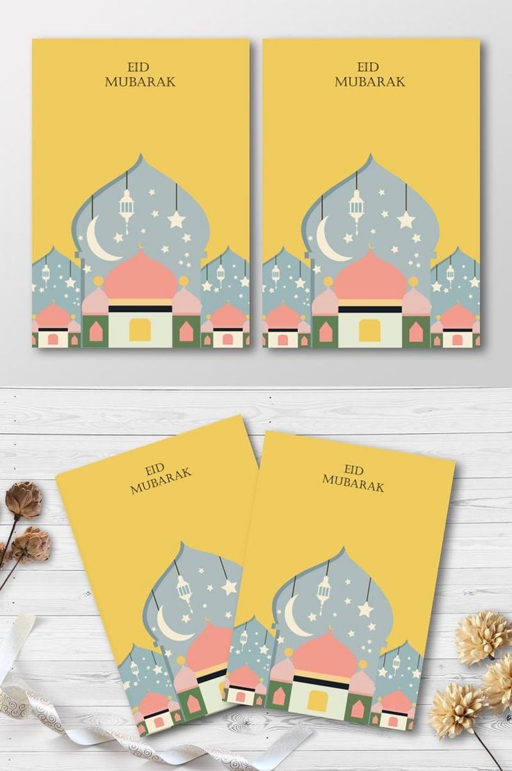 three muslim greeting cards with mosques on them