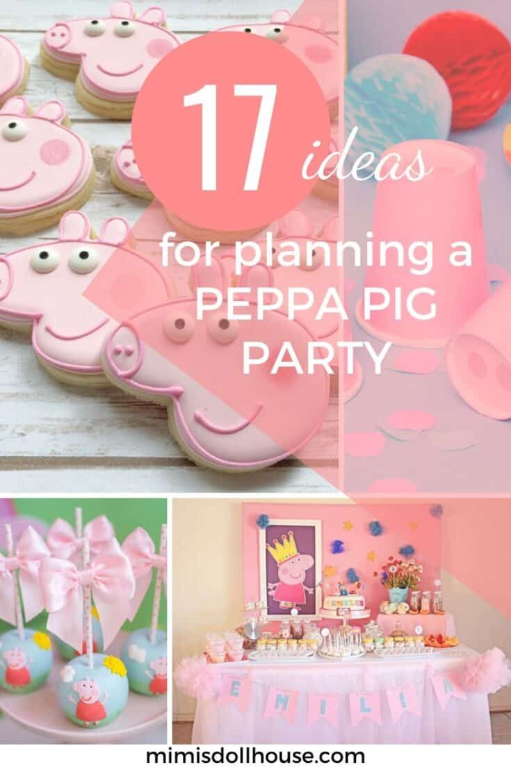 pink pig themed party with lots of decorations and food on the table, including cupcakes