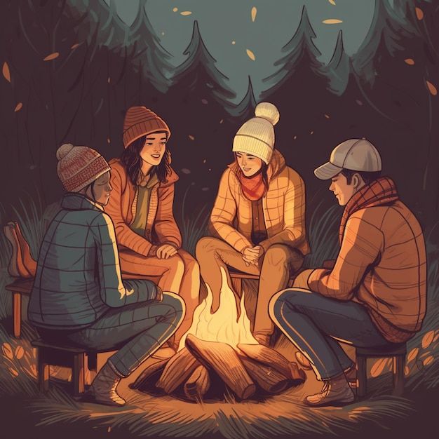 three people sitting around a campfire in the woods