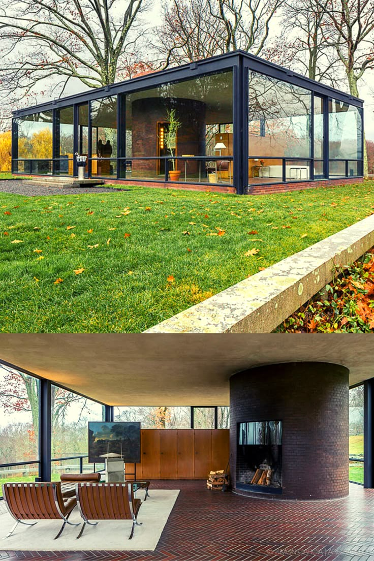 two pictures side by side one has a glass house and the other has an outdoor fireplace