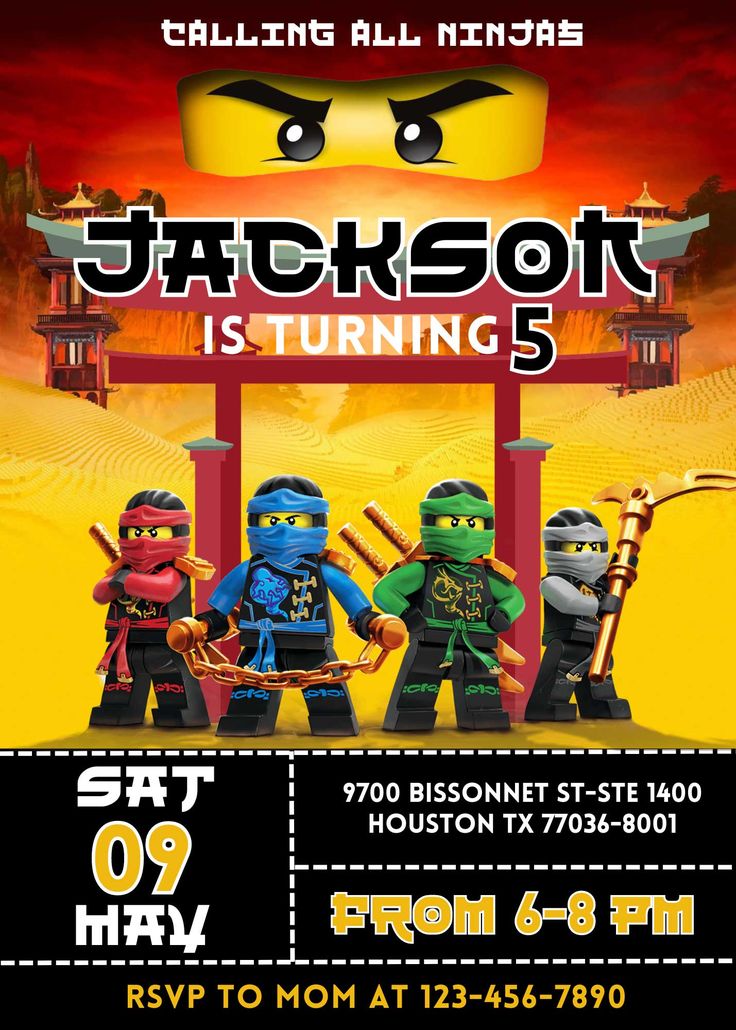 the lego movie poster for jackson is turning 5, with two ninjas on each side