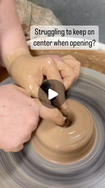 a person is making clay on a potter's wheel with the words struggling to keep on center when opening