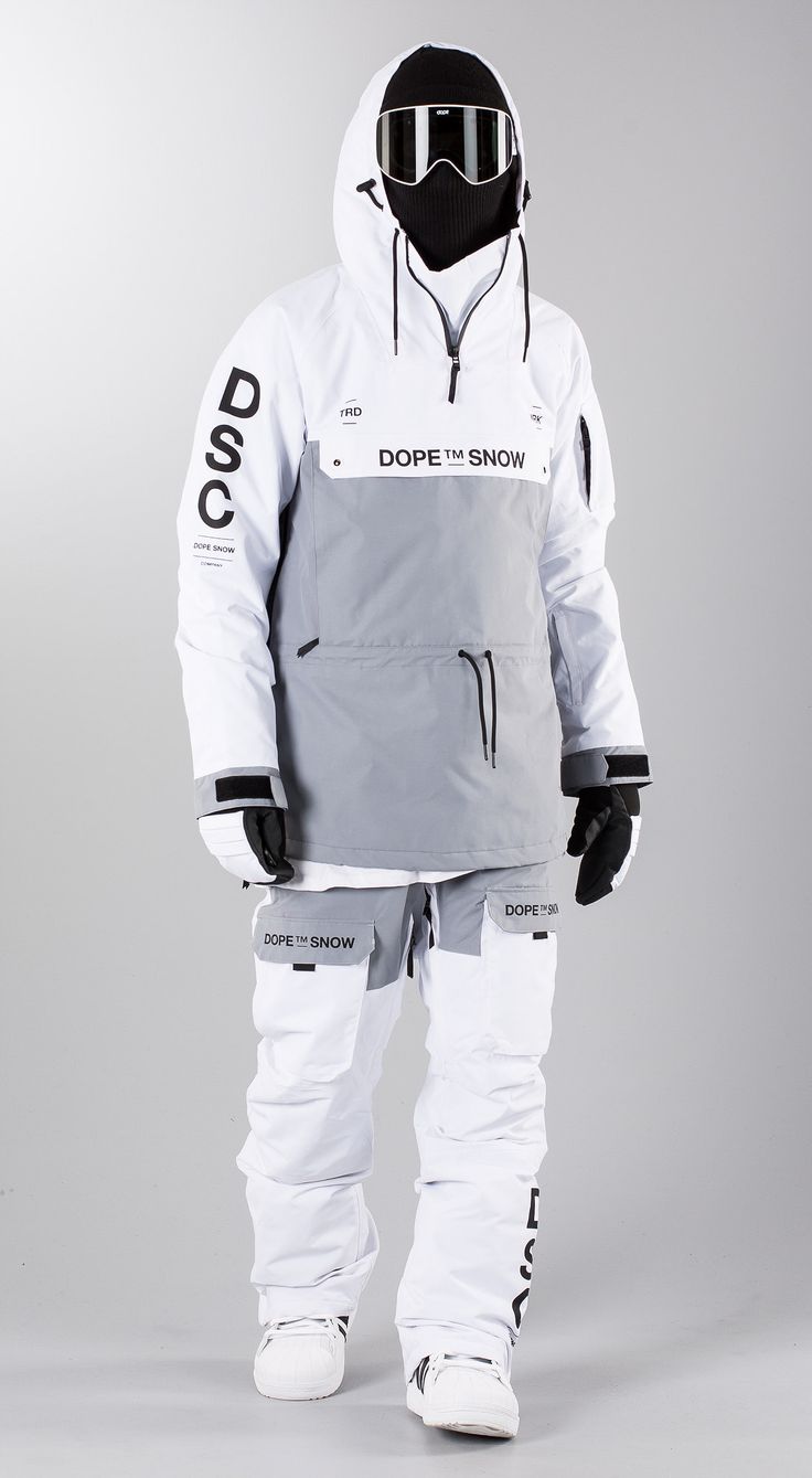 Dope "Annok DSC White/ Lt. Grey" Snowboard clothing White Snowboard Outfit, Snowboarding Outfit Mens, Ski Jacket Outfit, Ski Fashion Men, Ski Outfit Men, Mode Au Ski, Black Ski Jacket, Snowboarding Style, Tech Wear