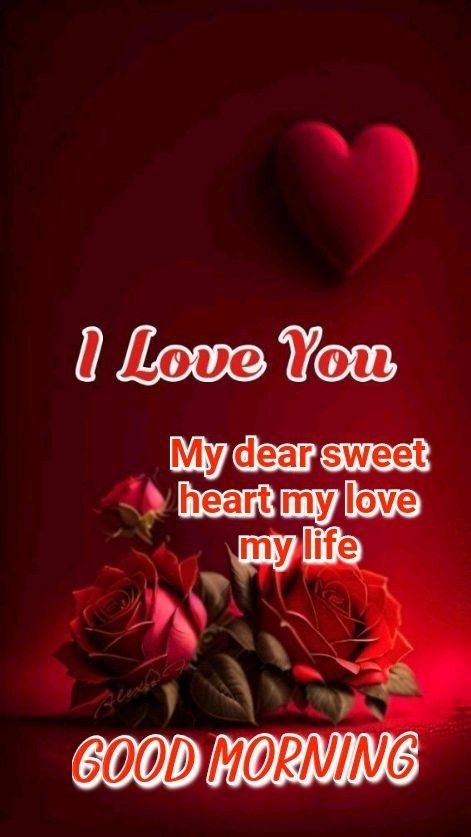 a red background with roses and a heart on the left side, says i love you my dear sweet heartmy love my life good morning