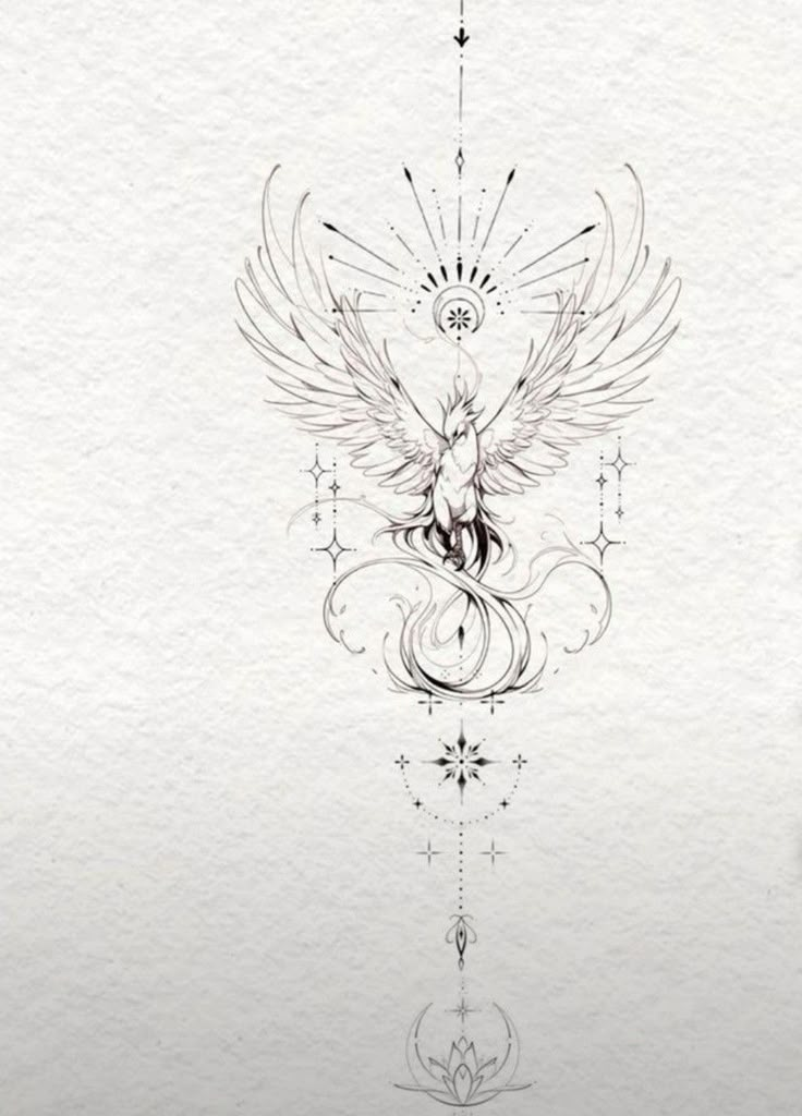 a drawing of a bird with wings on it's back and an arrow in the middle