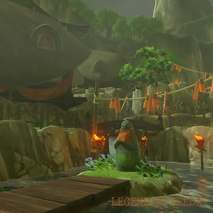 an animated scene with a green monster sitting on a wooden platform in front of some rocks and trees