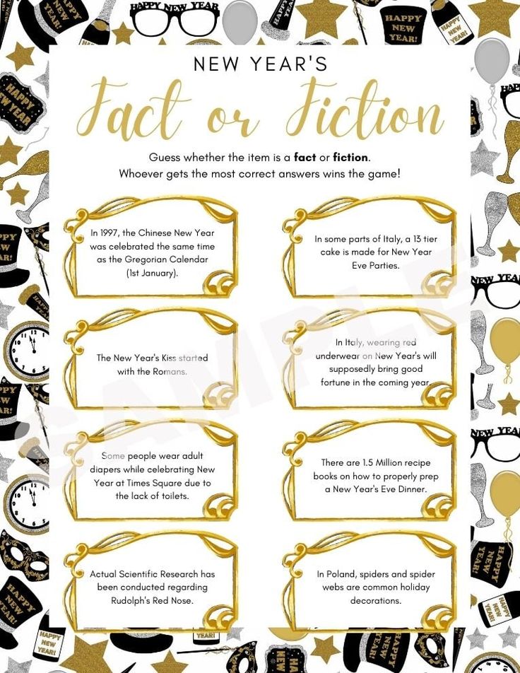 the new year's fact or fiction game is shown in gold and black, surrounded by other items