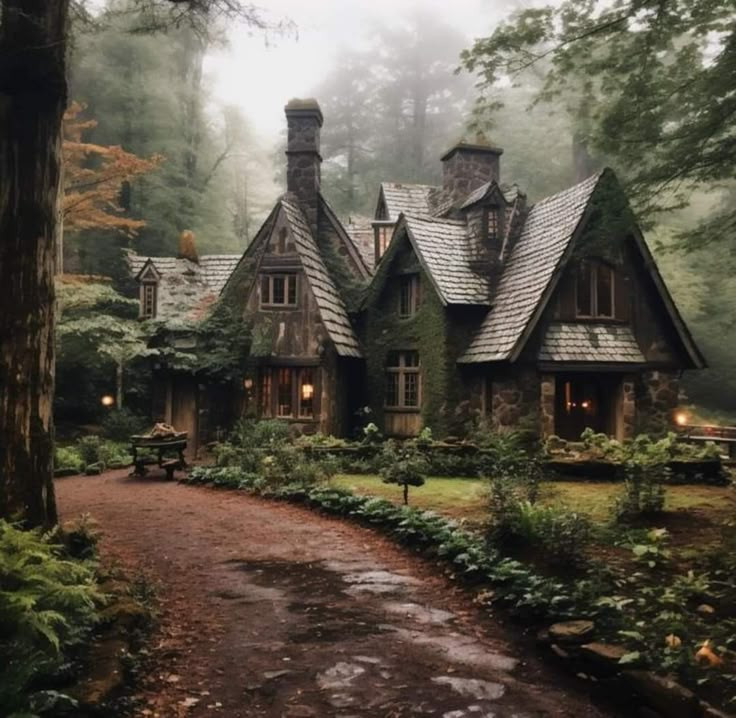 a house in the woods surrounded by trees and bushes on a foggy, rainy day