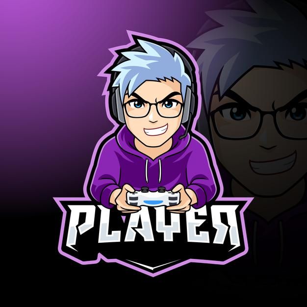 a cartoon character holding a game controller in front of a purple background with the word player on it