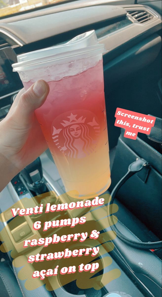 a person holding up a drink in their hand with the caption, venti lemonade 6 pumps raspberry and strawberry ago on top