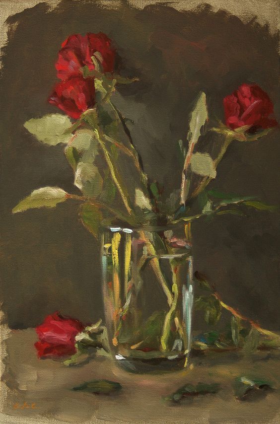 a painting of red roses in a glass vase