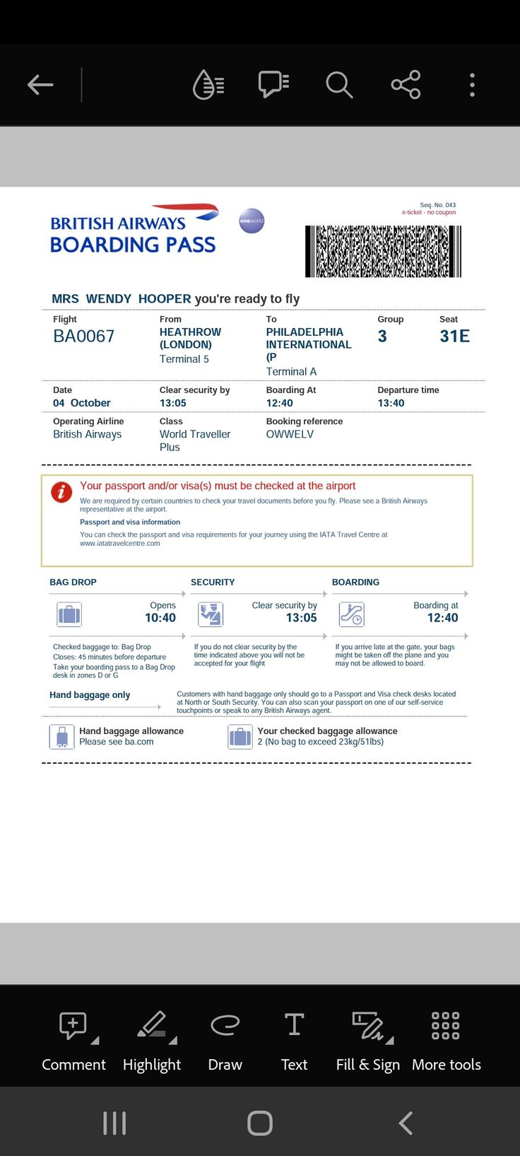 the british airways boarding pass is displayed on an iphone screen, and it appears to be in