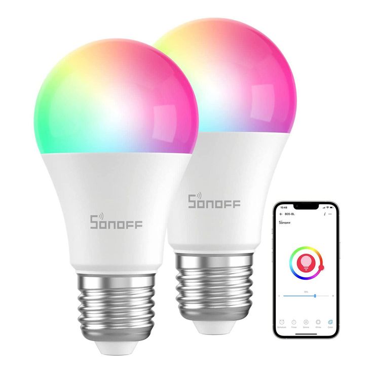 two smart light bulbs with an iphone next to it and the same product in front