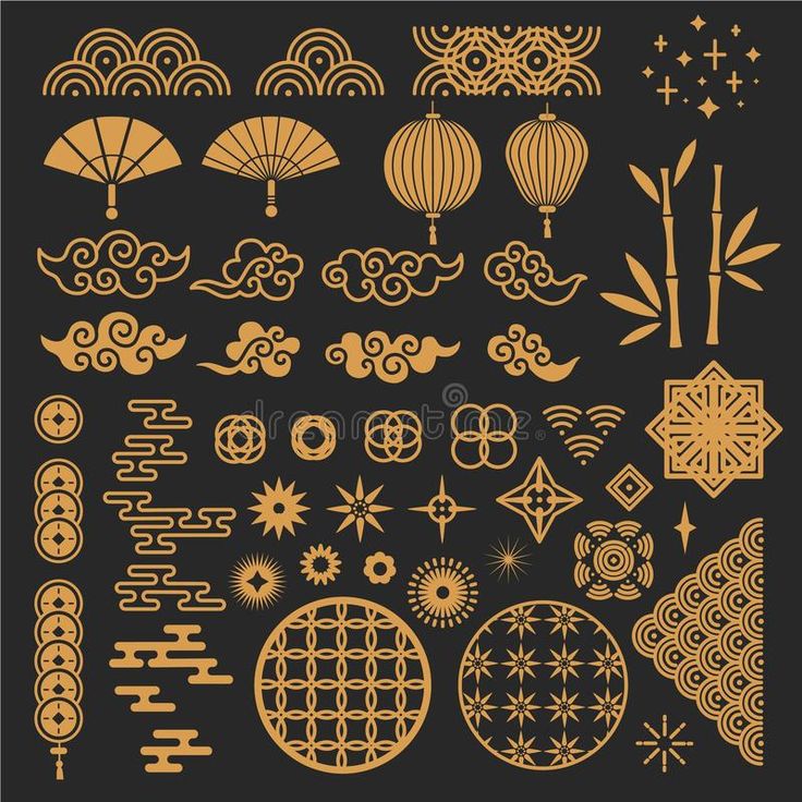 the chinese style with clouds, umbrellas and other things in gold on black background royalty illustration