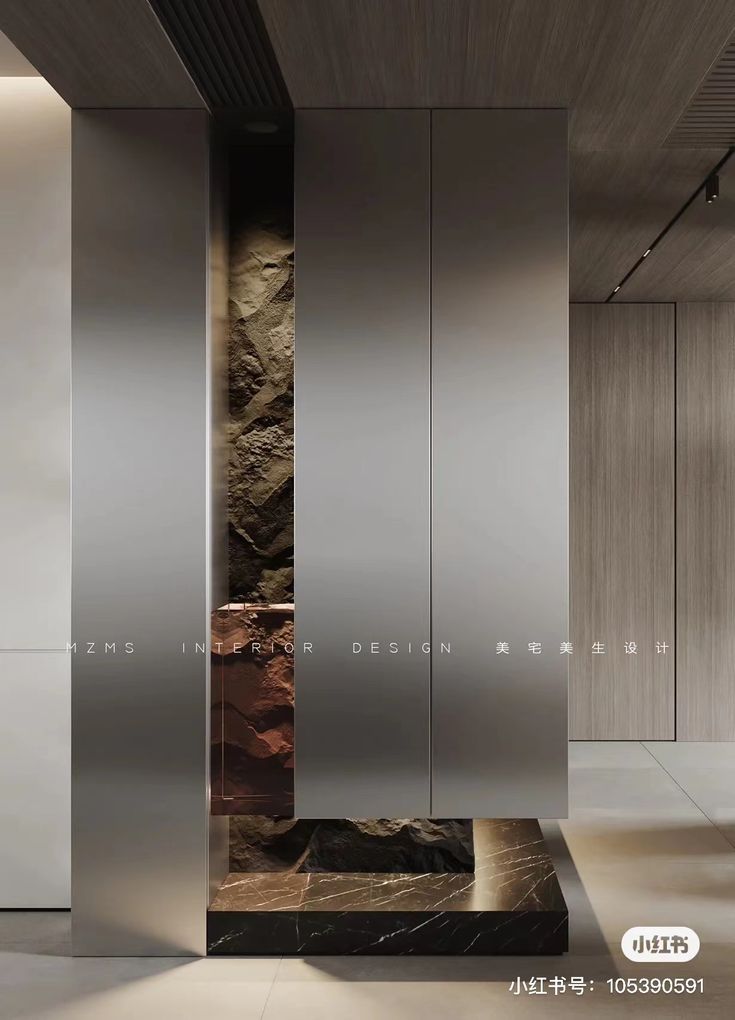 an image of a modern bathroom setting with stone and metal accents on the walls, along with marble flooring