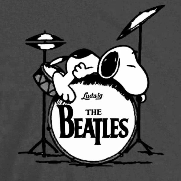 snoopy playing drums with the beatles logo in the background