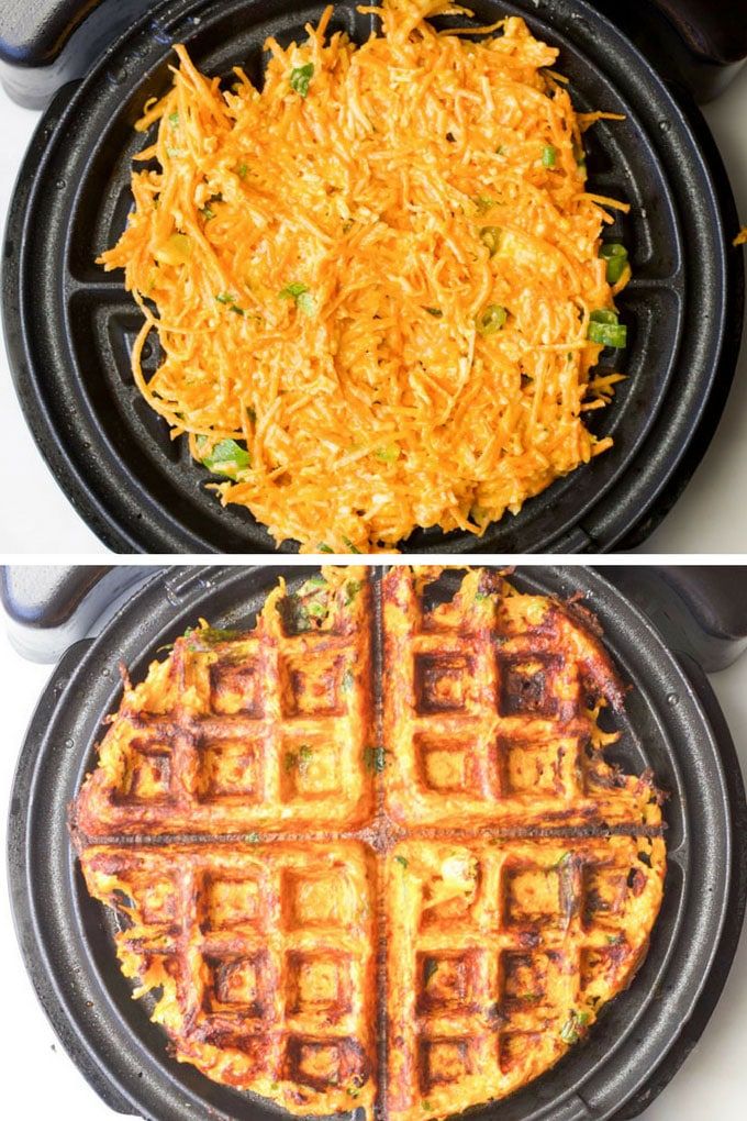 two pictures of waffles with cheese on top and one in the process of being cooked