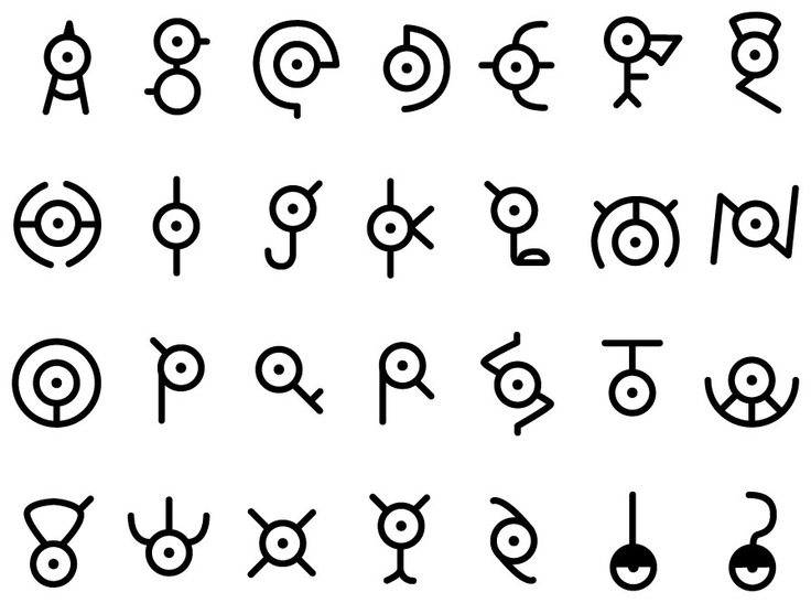 an alphabet with different symbols and letters on it, including the letter o in black ink