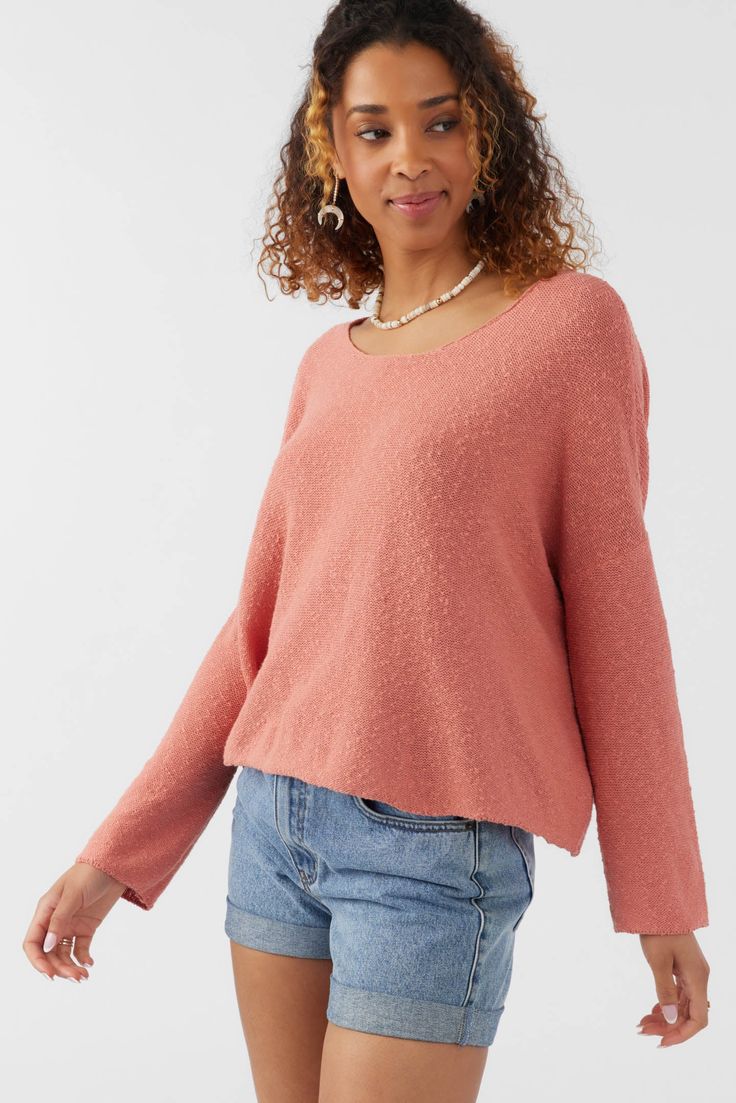 Cozy up on a morning beach walk or evening bonfire. This oversized sweater features a scoop neckline, drop shoulder detail and solid color wash. O'Neill Women's knit sweater Regular length Oversized fit Wide scoop neck Drop shoulder 100% Cotton Slub | O'Neill Women's Pearson Sweater in Canyon Rose, Size Large Morning Beach Walk, Canyon Rose, Morning Beach, Womens Knit Sweater, Spring Outfits Women, Beach Walk, Knitting Women, Oversized Sweater, Hoodie Top