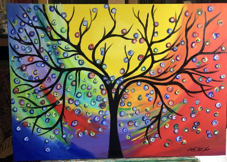 a painting of a tree with lots of bubbles on it