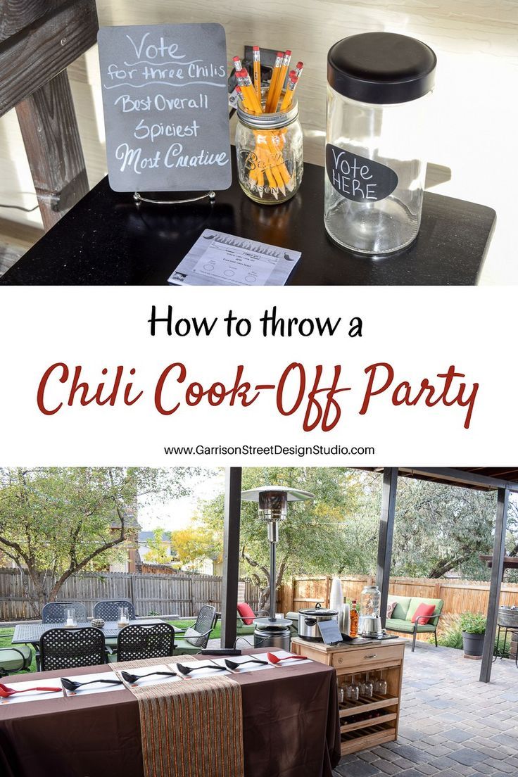 an outdoor party with tables and chairs in the background, and text overlay that reads how to throw a chili cook - off party