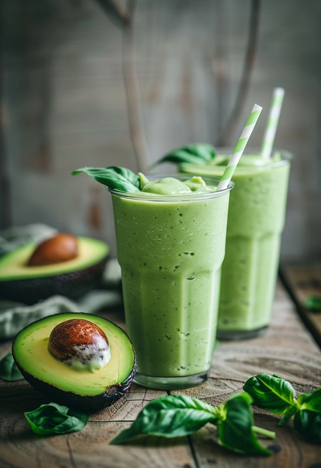 two glasses filled with green smoothie next to an avocado