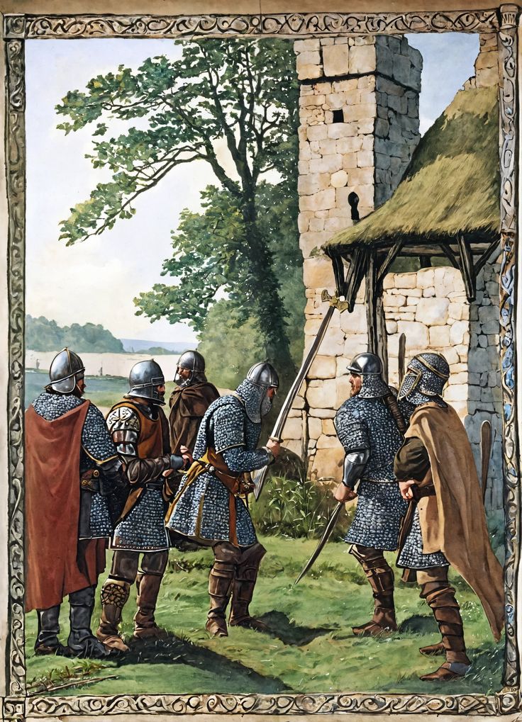 a painting of knights standing in front of a castle